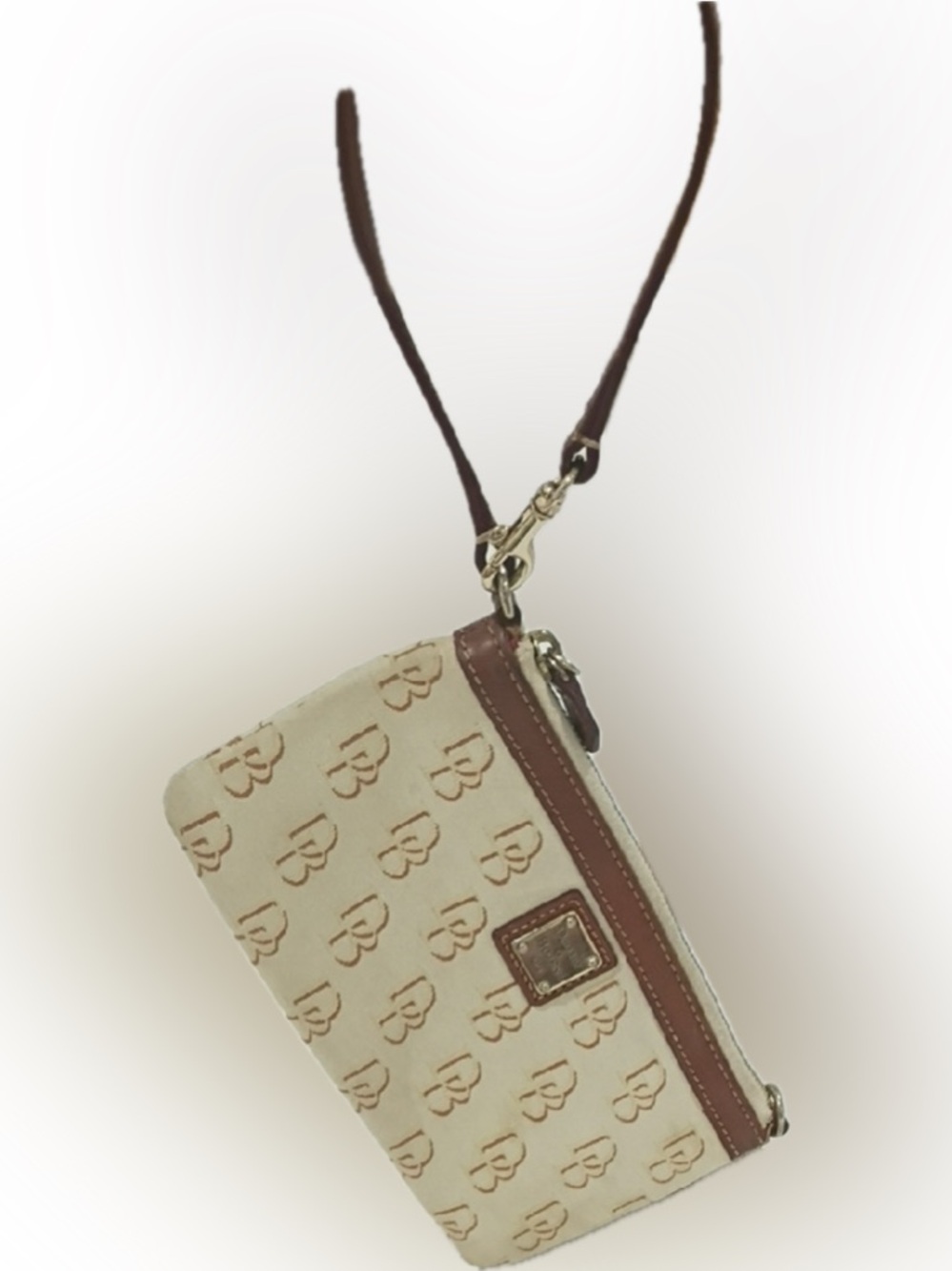 ✨ DOONEY & BOURKE Signature Monogram Zip Wristlet Cream Brown Khaki Canvas Pouch